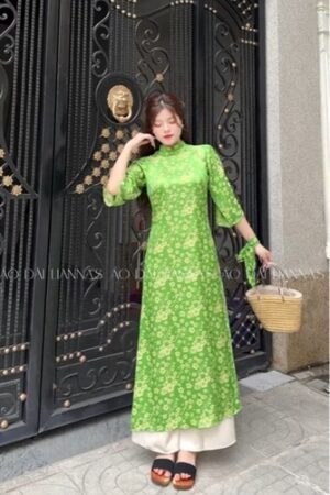 AD suông gấm tơ hoa nhí xanh lá