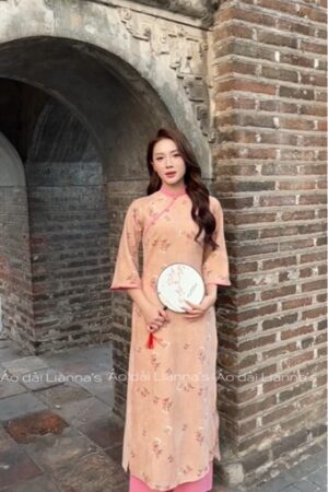 áo dài nhung hoa viền Hồng