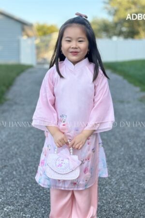 Ao dai bé gái tơ kết hoa hồng phấn