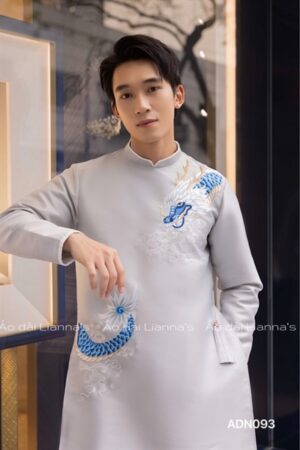 Áo dài nam xám thêu rồng