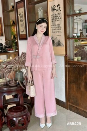Áo bà ba/ pháp phục cổ chéo vien gam Hồng