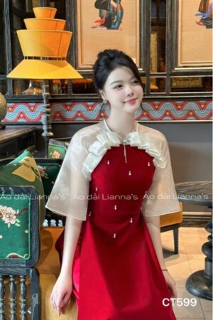 Áo dài Nhung đỏ kết pearl cổ nơ xếp bèo kiotviet 4315bf1f88e1b53849b64c4bcc685108