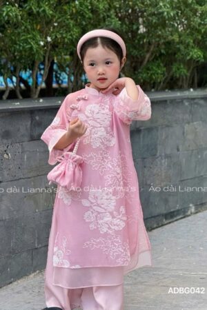 Áo dài bé gái Hồng ren hoa