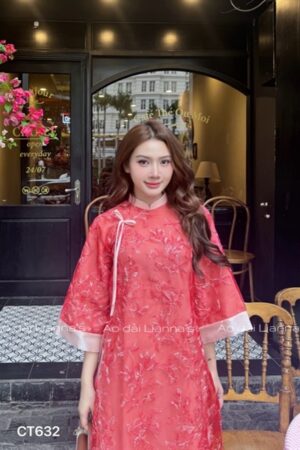Áo dài đỏ cam họa tiet hoa va chuồng chuồng kiotviet 4595558f2caf862263ba0003cf4610d9