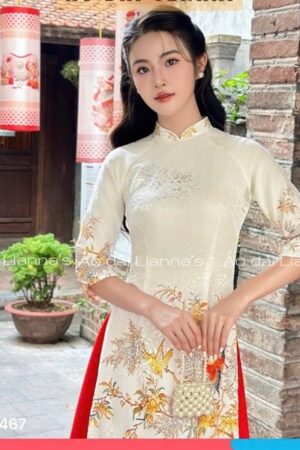 Áo dài truyền thống chim công quan váy đỏ