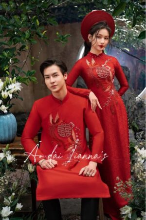 Set áo dài cưới đỏ chữ hỷ thêu kết