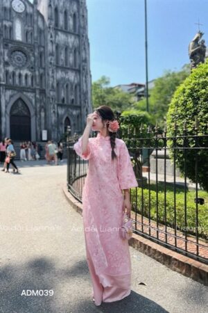 Áo dài linn Hồng ren hoa & chuồng chuồng