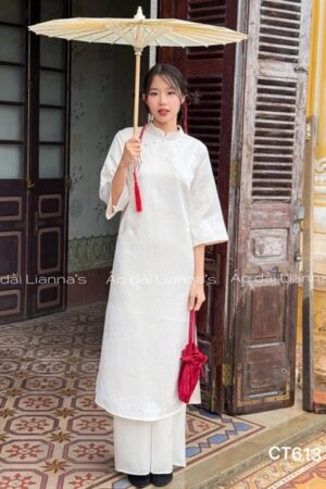 áo dài gam trang kem hoa đào