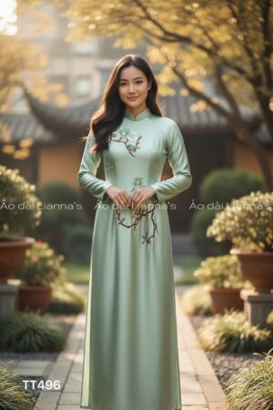 Áo dài thêu valentino xanh lá nhạt