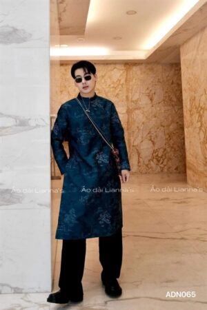 áo dài nam xanh dương đậm thiêu phong cảnh