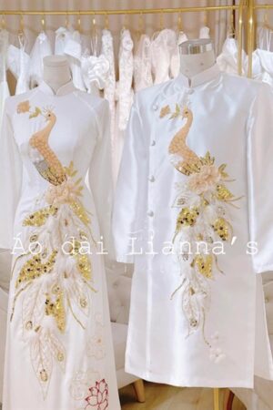 Set áo dài cưới trắng chim phụng