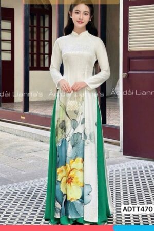 Áo dài truyền thống trắng hoa 3D quan váy xanh lá