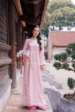 Áo dài suông tơ hoa- Hồng quan hong sen