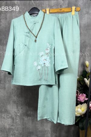 Set đi lễ đũi xanh ngọc theu sen