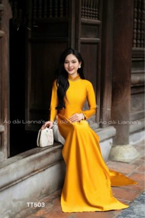 Ao dài thiet kế đính đá viền cổ