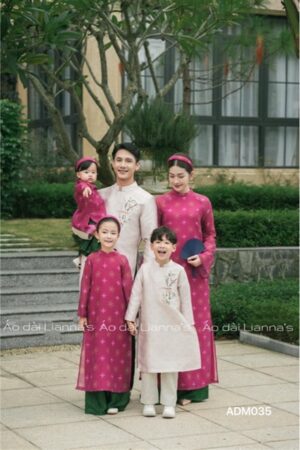 Áo dài bé gái hong sen đậm họa tiết