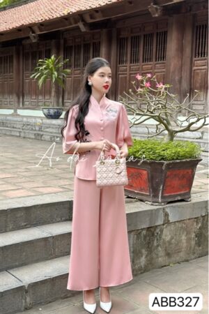 Set đi lễ hồng theu hoa nút bọc vải