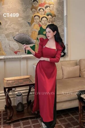 Áo dài thiế kế cổ vuông tay bồng đỏ