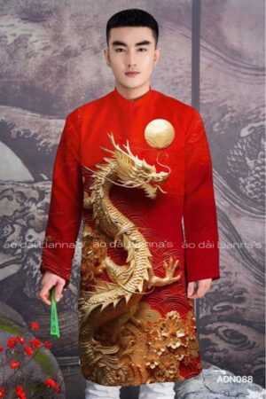 ao dai nam gấm cao cấp đỏ rồng 3D