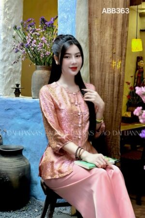 Set bà ba cao cấp lụa nha xá hoa cúc hồng ánh gold