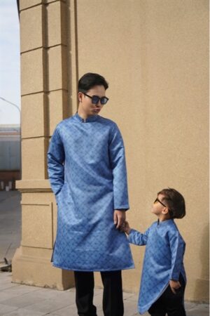 áo dài be trai xanh ca ro