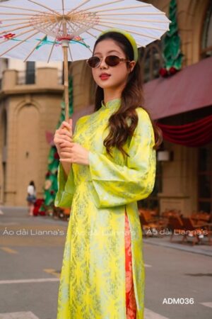 Ao dai gấm thọ xanh cốm quan gấm cam