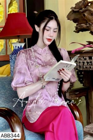 Set đi lễ tím hồng cổ tàu hoa lá