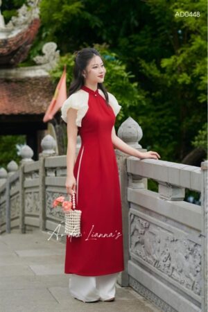 Áo dài thiết kế đỏ tay bồng