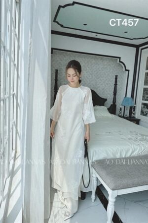 AD tơ trắng thêu hoa mẫu đơn