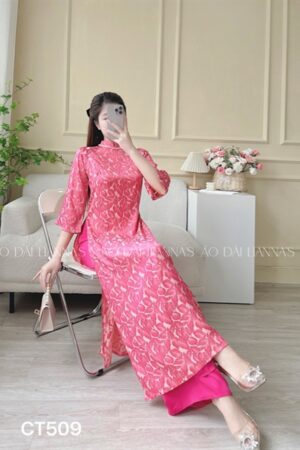 AD suông Hồng đỗ quan sen hoạ tiết lá kiotviet aee32415cf508663bc5fb09e4b09d0c4