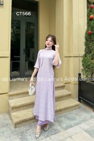 Áo dài suông gấm hoa cuc tím