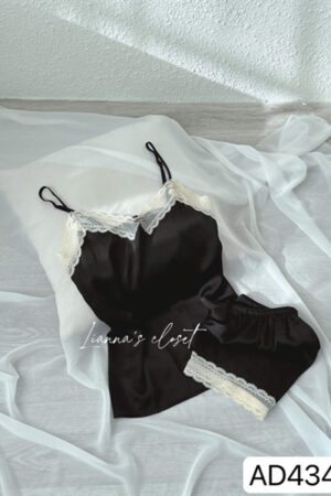 Set lụa 2 day đen cổ ren