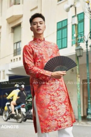 Áo dài nam đỏ họa tiết