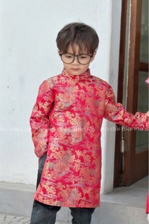 Áo dài bé trai đỏ tafta họa tiết
