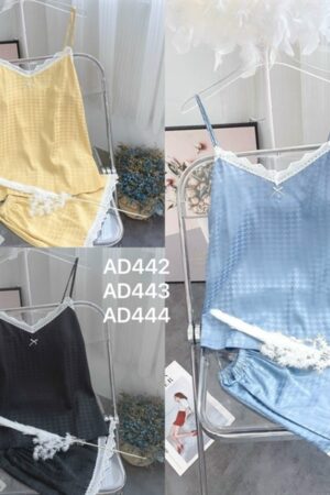 Set lụa 2 day ren viền cổ tông xanh đá