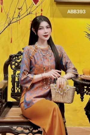 Set bà ba cao cấp lụa hà đông 5 cúc ngọc cam