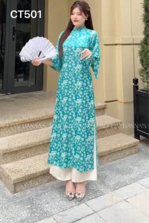 AD suông gấm tơ hoa nhí xanh dương