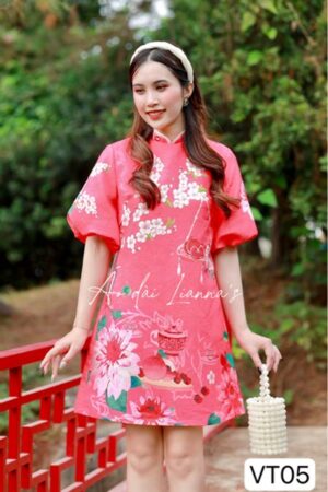 Váy tết Hồng đào in