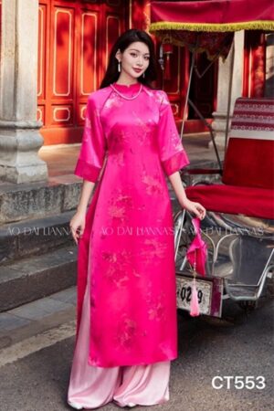 Ao dai suông hong sen hoa tiết in chìm