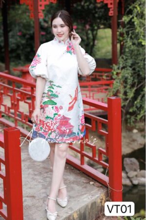 Váy tết trắng in hoạ tiết