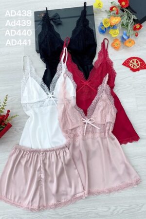 Set lụa đùi 2 day ren đen