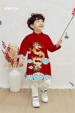 Áo dai be trai đỏ hoạ tiet rồng _gấm