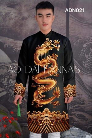 Áo dài nam rồng đen _gấm