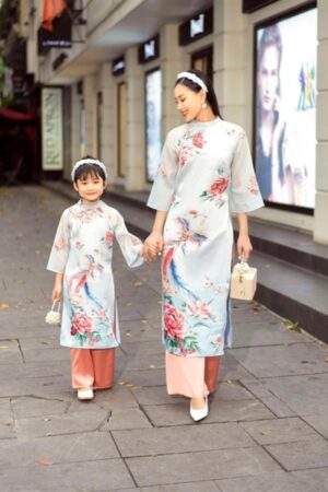 Áo dài bé gái xanh dương cổ nơ