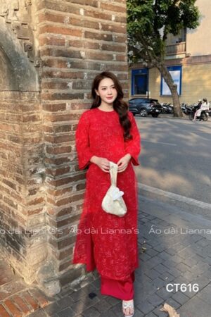 Áo dài suong hoa Hồng màu đỏ