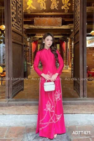 Áo dài Hồng sen hoa sen đính kết pha Lê