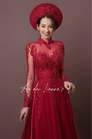 Áo dài cưới thiết kế đỏ đô