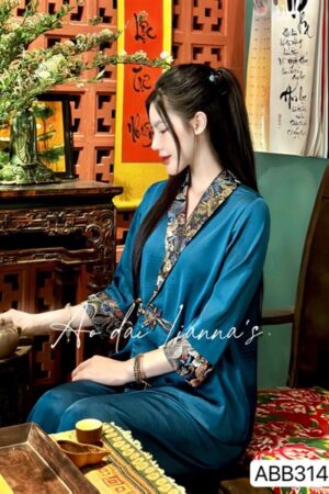 Set đi lễ cổ chéo phối gấm (xanh cổ vịt)
