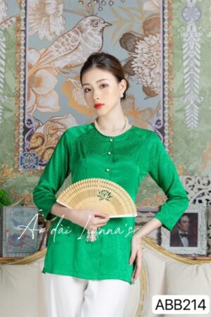 Áo bà ba gấm hoa xanh lá cây p