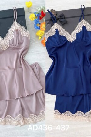 Set lụa đùi 2 day ren xanh navy